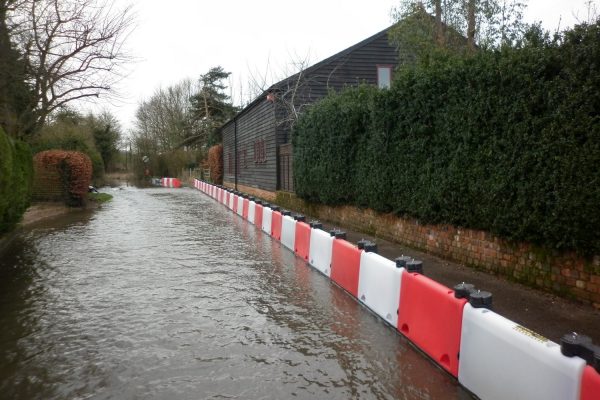 Temporary flood barrier defences in place Floodstop temporary flood barrier defences in place